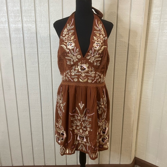 New Boston Proper Brown Embroidered Halter Dress, size large. - Picture 2 of 10